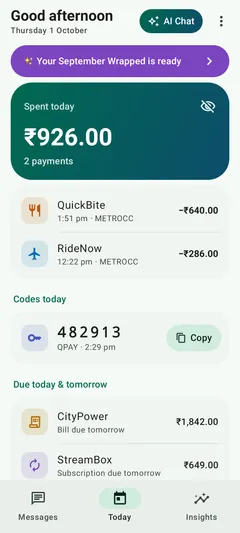 Inboxwise Today screen: spending, one-time codes and bills due