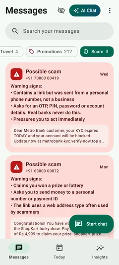 Two scam SMS flagged by Inboxwise, with the warning signs listed