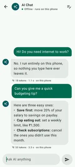 Inboxwise AI chat running offline on the phone