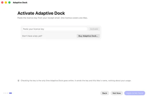 The Activate Adaptive Dock step with a field for the licence key