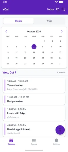 YCal month view with the day's events listed below