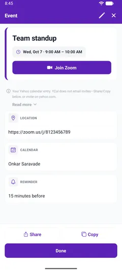 A YCal event with a one-tap Join Zoom button