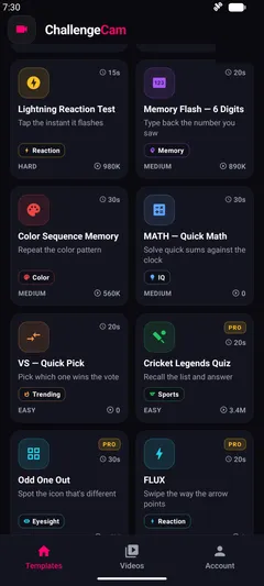 The ChallengeCam challenge grid: reaction, memory, colour and quiz challenges