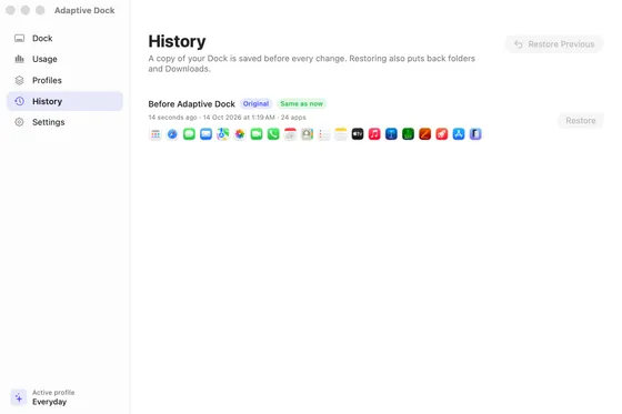 Saved Docks you can restore, starting with the one from before Adaptive Dock