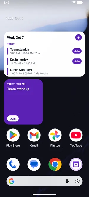 YCal agenda and next-event widgets on an Android home screen
