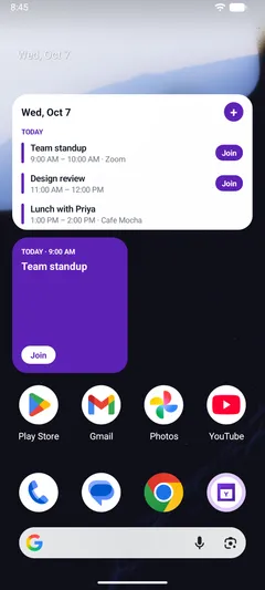 YCal agenda and next-event widgets on an Android home screen