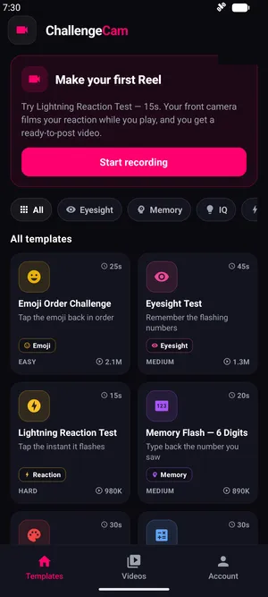 ChallengeCam home screen with a Start recording button
